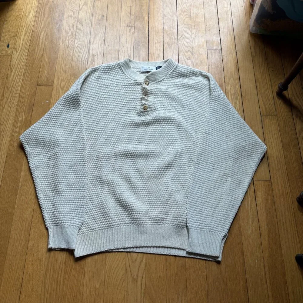 Vintage Henley Fisherman Pullover Sweater Munsingwear Size L Cream Waffle Knit